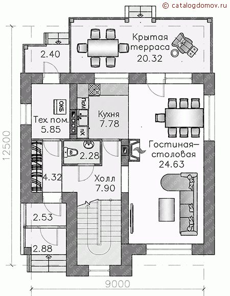 Проект кирпичного дома № H-123-1K - 1-й этаж