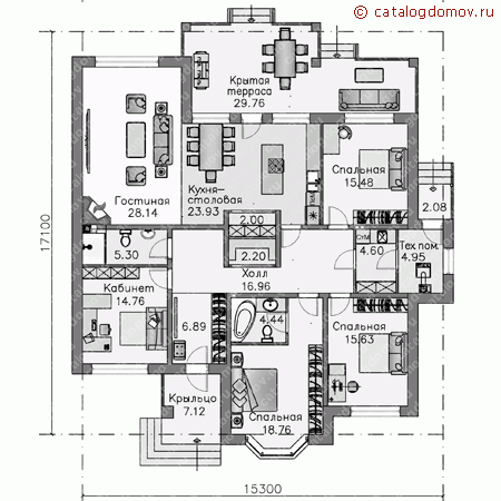 Проект пенобетонного дома № N-183-1P - 1-й этаж (вариант 2)