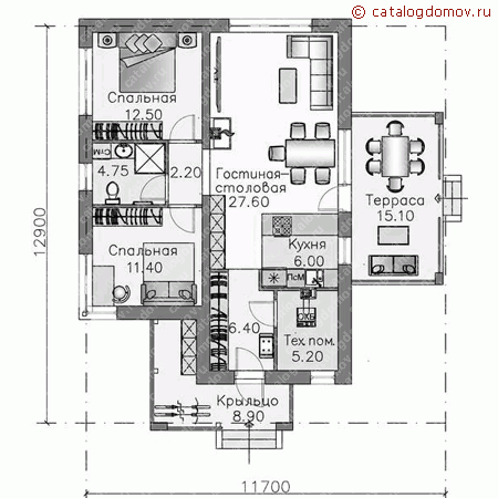 Проект пенобетонного дома № T-083-1P - 1-й этаж
