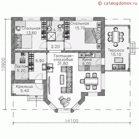 Проект пенобетонного дома № T-092-1P - 1-й этаж