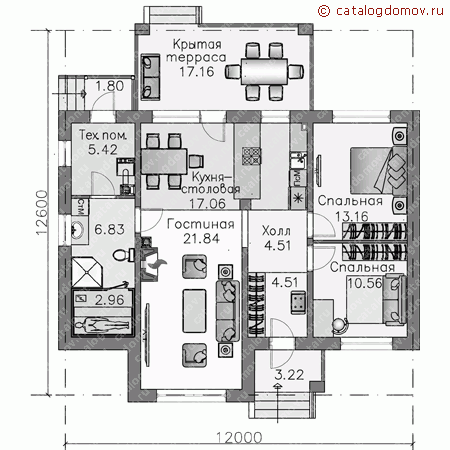 Проект пенобетонного дома № T-097-1P - 1-й этаж