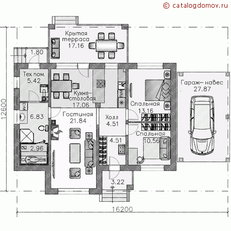 Проект пенобетонного дома № T-097-2P - 1-й этаж