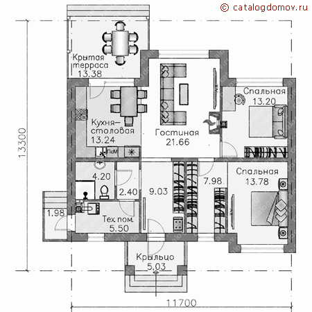 Проект пенобетонного дома № T-101-1P - 1-й этаж