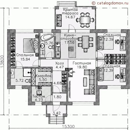 Проект пенобетонного дома № T-120-1P - 1-й этаж