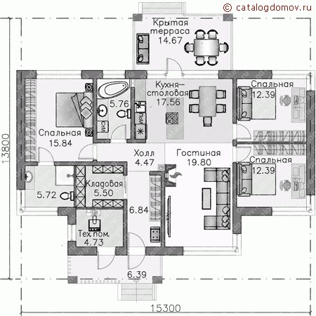 Проект пенобетонного дома № T-120-2P - 1-й этаж
