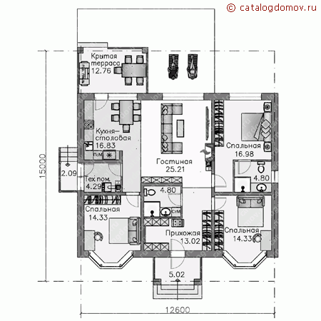 Проект пенобетонного дома № T-124-1P - 1-й этаж