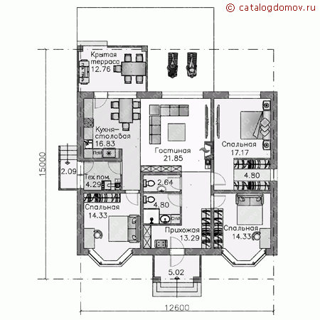Проект пенобетонного дома № T-124-1P - 1-й этаж (вариант 2)